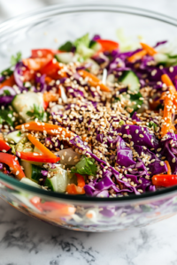A close-up shot of the finished crunchy Asian slaw served in a white bowl on the white marble cooktop, displaying the vibrant colors and textures of the shredded cabbage, carrots, crispy ramen, and sesame seeds.