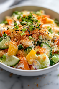 A close-up shot of the finished kani salad served in a white bowl on the white marble cooktop, highlighting its creamy texture, vibrant colors, and crispy panko topping, making it visually appealing and ready to be enjoyed.