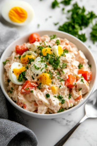 A close-up shot of the completed tuna salad in a white serving bowl on the white marble cooktop. The creamy mixture is garnished with freshly chopped parsley, and a spoon rests on the side, ready to serve.
