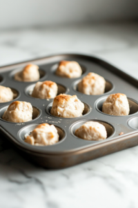 A package of refrigerated biscuit dough rests on a white marble cooktop. A hand is seen flattening a biscuit round, carefully pressing it down to prepare it for shaping in the muffin tin.