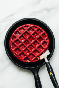 A golden beet oat pancake being flipped in the skillet, revealing its perfectly cooked surface