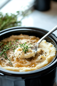 A close-up shot of the black slow cooker on the white marble cooktop, with a serving spoon resting inside. The mashed potatoes are warm, fluffy, and perfectly smooth, ready to be served and enjoyed.