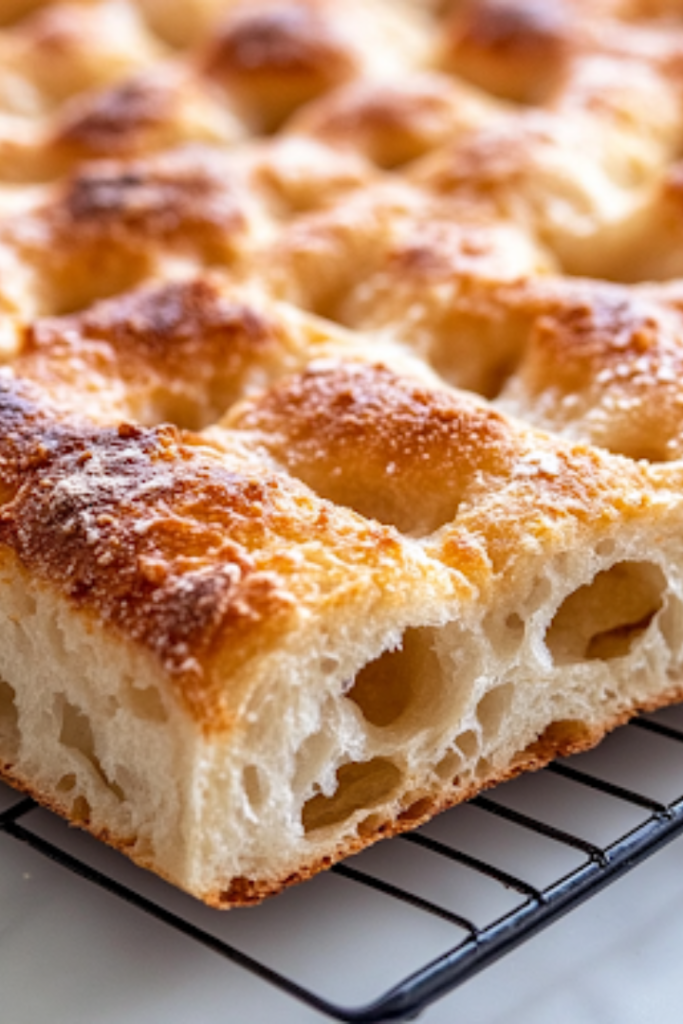 Freshly baked golden-brown focaccia bread cools on a wire rack over a white marble cooktop. A serrated knife slices through the airy, dimpled bread, revealing its soft and fluffy interior.