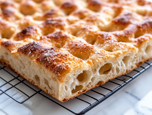 Freshly baked golden-brown focaccia bread cools on a wire rack over a white marble cooktop. A serrated knife slices through the airy, dimpled bread, revealing its soft and fluffy interior.