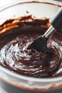 Close-up shot of a glass mixing bowl on the white marble cooktop, with rich brownie batter being mixed. A wooden spoon stirs in vegan chocolate chips, evenly incorporating them into the dark chocolatey mixture.