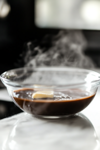 Close-up shot of a heatproof glass bowl placed over a saucepan of simmering water on the white marble cooktop. Inside the bowl, butter and dark chocolate are melting into a glossy mixture, with steam rising gently