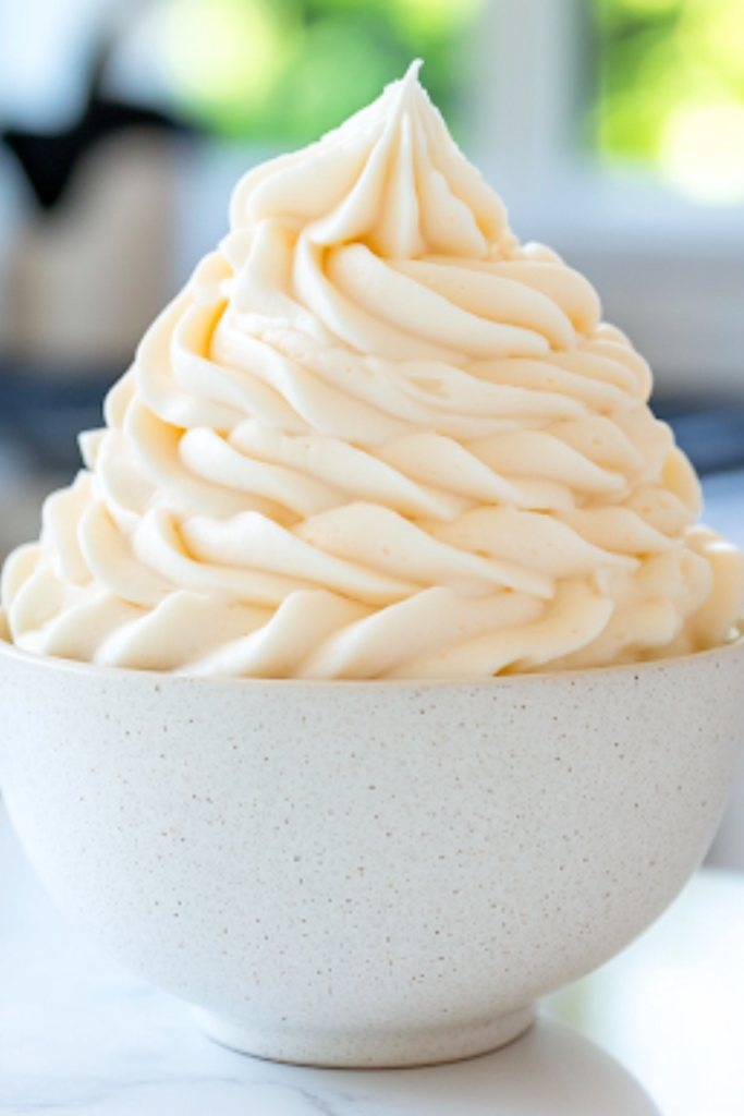 A bowl filled with perfectly whipped French buttercream sits on a white marble cooktop. A spatula lifts a smooth, silky swirl, showing its luscious texture, ready for frosting.