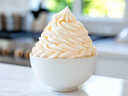 A bowl filled with perfectly whipped French buttercream sits on a white marble cooktop. A spatula lifts a smooth, silky swirl, showing its luscious texture, ready for frosting.