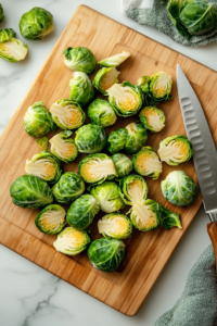 A close-up shot of a wooden cutting board on a white marble countertop, where fresh Brussels sprouts are being washed and trimmed. A sharp knife rests nearby, and halved sprouts are neatly arranged, ready for even cooking.
