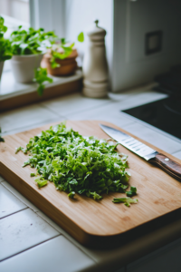 A fresh green cabbage sits on a wooden cutting board, its vibrant leaves intact. A sharp knife lies beside it, ready to finely shred the cabbage for the recipe.