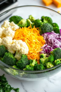 A large glass mixing bowl sits on the white marble cooktop, filled with fresh broccoli florets, cauliflower florets, chopped red onion, and shredded cheddar cheese. A wooden spoon rests on the side, ready for mixing.