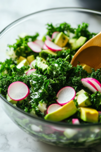 A glass salad bowl on a white marble cooktop filled with freshly chopped kale, thinly sliced radishes, and creamy avocado chunks. The vibrant colors of the ingredients contrast beautifully, with a wooden spoon resting on the edge of the bowl.