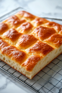 Freshly baked golden-brown focaccia bread cools on a wire rack over a white marble cooktop. A serrated knife slices through the airy, dimpled bread, revealing its soft and fluffy interior.
