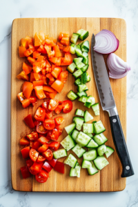 Close-up shot of a glass mixing bowl filled with vibrant Greek salad ingredients including chopped veggies, kalamata olives, and crumbled feta cheese. A wooden spoon rests on the side of the bowl.