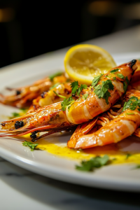A close-up shot of freshly grilled shrimp arranged on a serving plate over the white marble cooktop. A hand squeezes a fresh lemon wedge over the shrimp, adding a burst of citrus flavor. The dish is garnished with finely chopped cilantro and mint for a fresh finishing touch.
