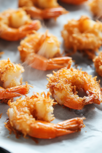 A close-up shot of freshly fried coconut shrimp resting on a layer of paper towels. The shrimp are golden and crispy, with tiny shredded coconut flakes creating a textured crust. Steam rises gently, indicating their freshness, while the paper towels absorb any excess oil for a light and crunchy finish.