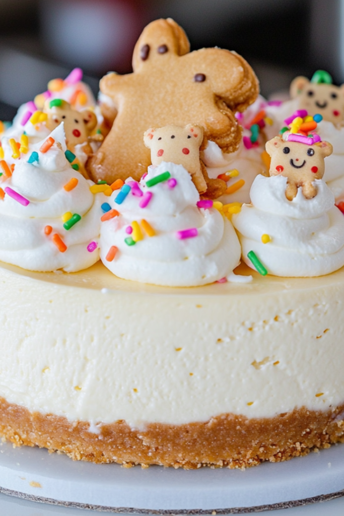 Close-up shot of the completed Frosted Animal Cookie Cheesecake, topped with whole frosted animal cookies, colorful sprinkles, and piped whipped cream