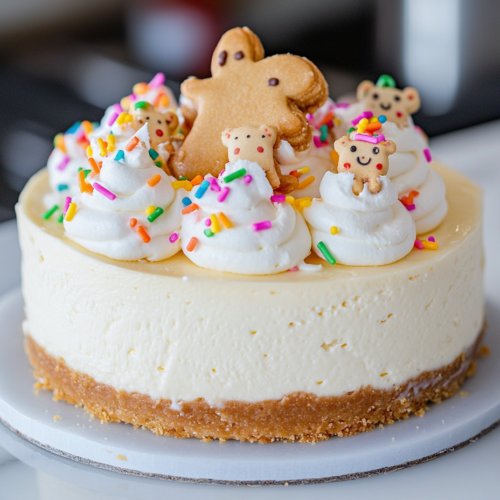 Close-up shot of the completed Frosted Animal Cookie Cheesecake, topped with whole frosted animal cookies, colorful sprinkles, and piped whipped cream