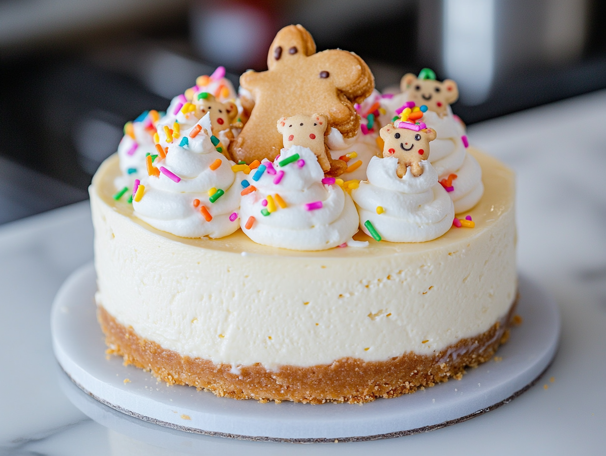 Close-up shot of the completed Frosted Animal Cookie Cheesecake, topped with whole frosted animal cookies, colorful sprinkles, and piped whipped cream