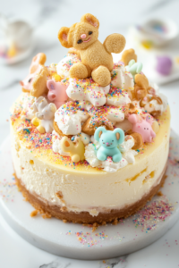 Close-up shot of the completed Frosted Animal Cookie Cheesecake, topped with whole frosted animal cookies, colorful sprinkles, and piped whipped cream