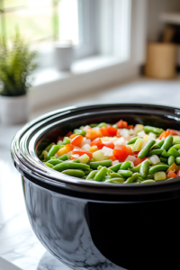 A close-up shot of a black slow cooker on the white marble cooktop, filled with frozen green beans and a frozen bell pepper & onion mix. The vibrant colors of the vegetables contrast against the dark interior of the slow cooker, ready to be seasoned and cooked.