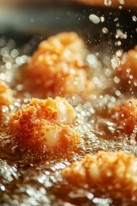 Close-up shot of golden, crispy shrimp frying in hot peanut oil in the frying pan. The shrimp are perfectly crispy on both sides, with golden-brown crusts.