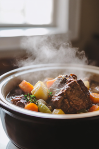 A close-up of the fully cooked chuck roast inside the slow cooker on a white marble cooktop. The meat is incredibly tender, falling apart effortlessly as a pair of tongs lifts a juicy, shredded portion from the flavorful broth.