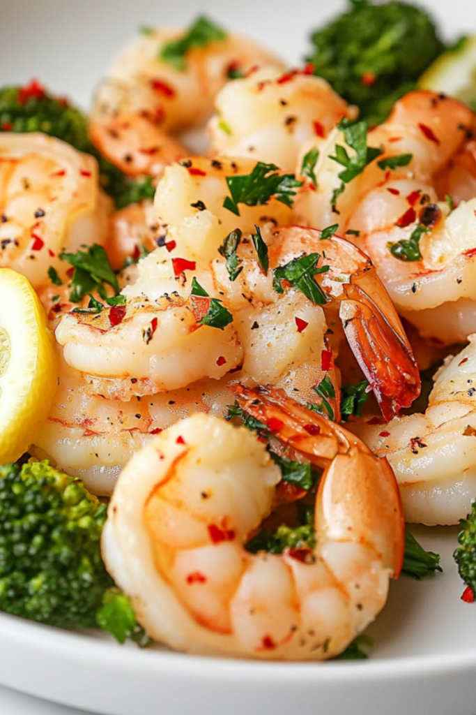 Close-up shot of a serving plate on the white marble cooktop, garnished with fresh parsley and chili pepper flakes. Shrimp and broccoli are beautifully arranged, with lemon slices adorning the dish