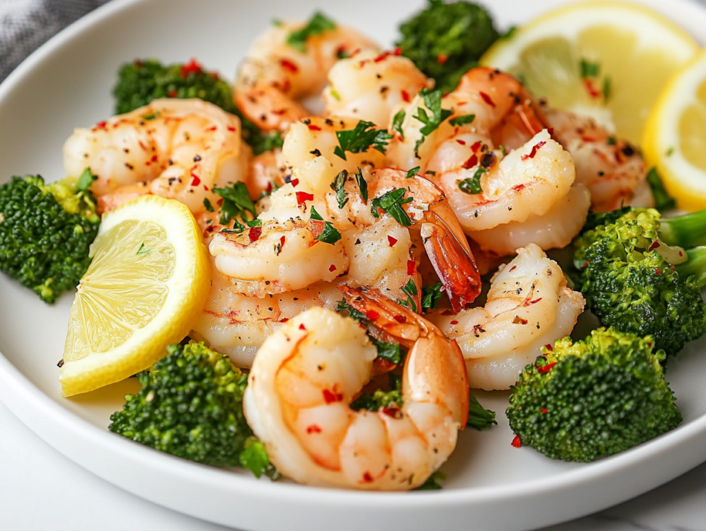 Close-up shot of a serving plate on the white marble cooktop, garnished with fresh parsley and chili pepper flakes. Shrimp and broccoli are beautifully arranged, with lemon slices adorning the dish