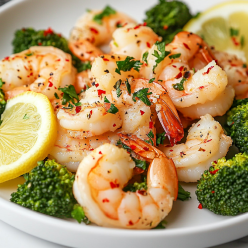 Close-up shot of a serving plate on the white marble cooktop, garnished with fresh parsley and chili pepper flakes. Shrimp and broccoli are beautifully arranged, with lemon slices adorning the dish