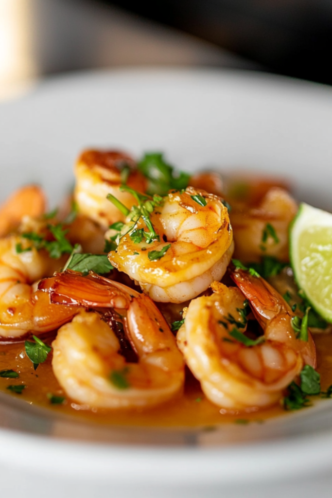 Close-up shot of a white serving plate on the white marble cooktop, piled with honey lime garlic shrimp. The dish is garnished with freshly chopped parsley, and a wedge of lime sits on the side for extra zest