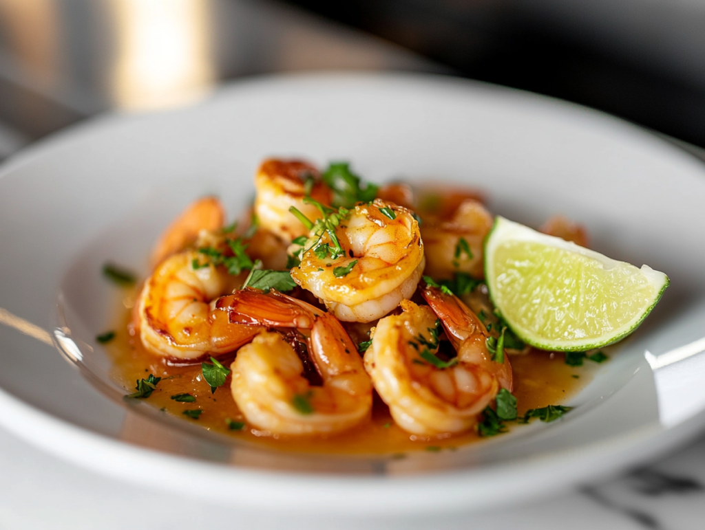 Close-up shot of a white serving plate on the white marble cooktop, piled with honey lime garlic shrimp. The dish is garnished with freshly chopped parsley, and a wedge of lime sits on the side for extra zest