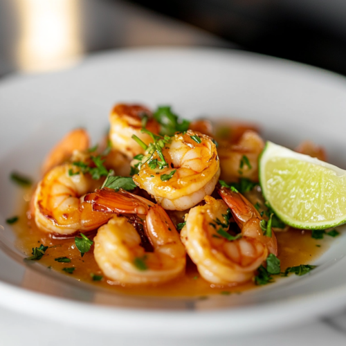 Close-up shot of a white serving plate on the white marble cooktop, piled with honey lime garlic shrimp. The dish is garnished with freshly chopped parsley, and a wedge of lime sits on the side for extra zest
