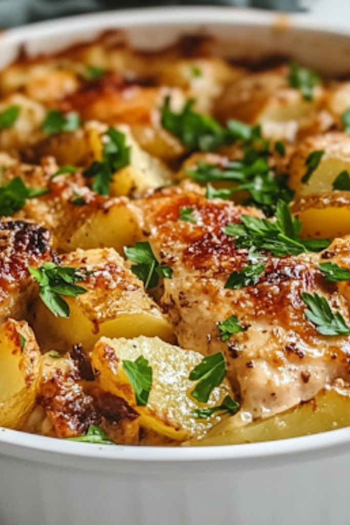 A freshly baked dish of cheesy garlic Parmesan chicken and potatoes rests on the white marble cooktop. The golden, bubbly cheese is garnished with bright green parsley, adding a fresh contrast, ready to be served.
