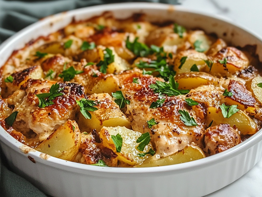 A freshly baked dish of cheesy garlic Parmesan chicken and potatoes rests on the white marble cooktop. The golden, bubbly cheese is garnished with bright green parsley, adding a fresh contrast, ready to be served.