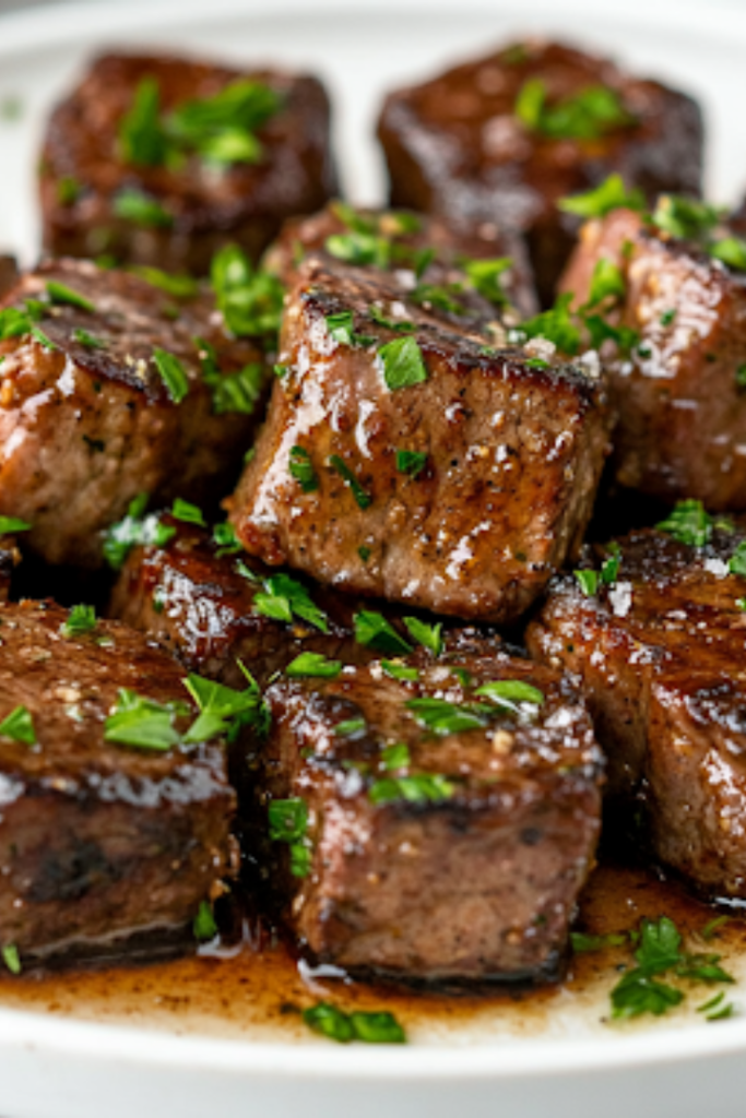A close-up shot of the finished garlic butter steak bites served on a white plate over the white marble cooktop, garnished with freshly chopped parsley. A fork lifts a juicy, glistening piece, showing the tender, perfectly cooked inside.