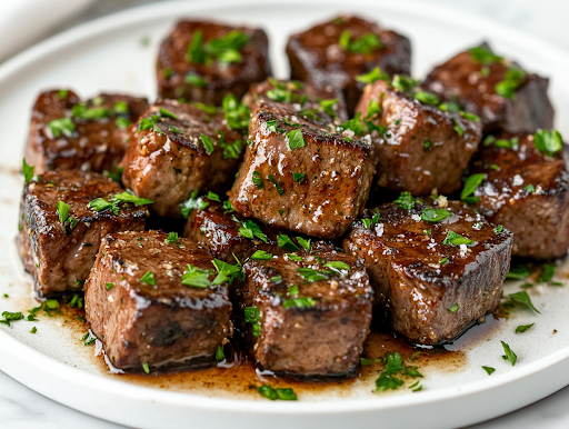 A close-up shot of the finished garlic butter steak bites served on a white plate over the white marble cooktop, garnished with freshly chopped parsley. A fork lifts a juicy, glistening piece, showing the tender, perfectly cooked inside.