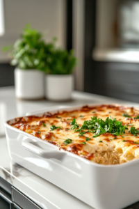 The fully baked casserole rests on the white marble cooktop, golden and bubbly. Freshly chopped parsley is sprinkled on top, adding a touch of color and freshness to the dish.