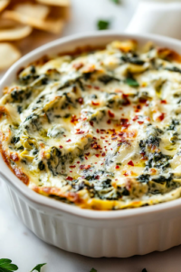A serving dish filled with creamy spinach artichoke dip, garnished with extra Parmesan and red pepper flakes. The dish is surrounded by crispy toasted baguette slices and fresh veggie sticks, beautifully arranged on the white marble countertop, making it a perfect appetizer for sharing.