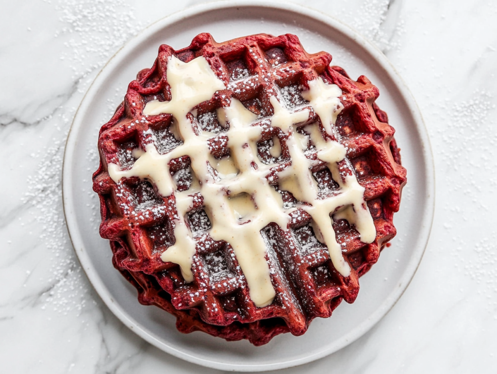 A stack of beet oat waffles or pancakes on a plate, topped with fresh fruit, maple syrup, and a sprinkle of cacao powder, ready to be enjoyed