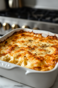 The casserole fresh out of the oven, golden brown on top with bubbly, melted Gruyère cheese. The edges are slightly crisp, and the dish looks warm, creamy, and irresistibly cheesy.
