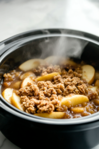 The slow cooker partially uncovered, revealing golden-brown apple crisp with a crunchy topping. Steam is rising, and the apples underneath are soft and caramelized.