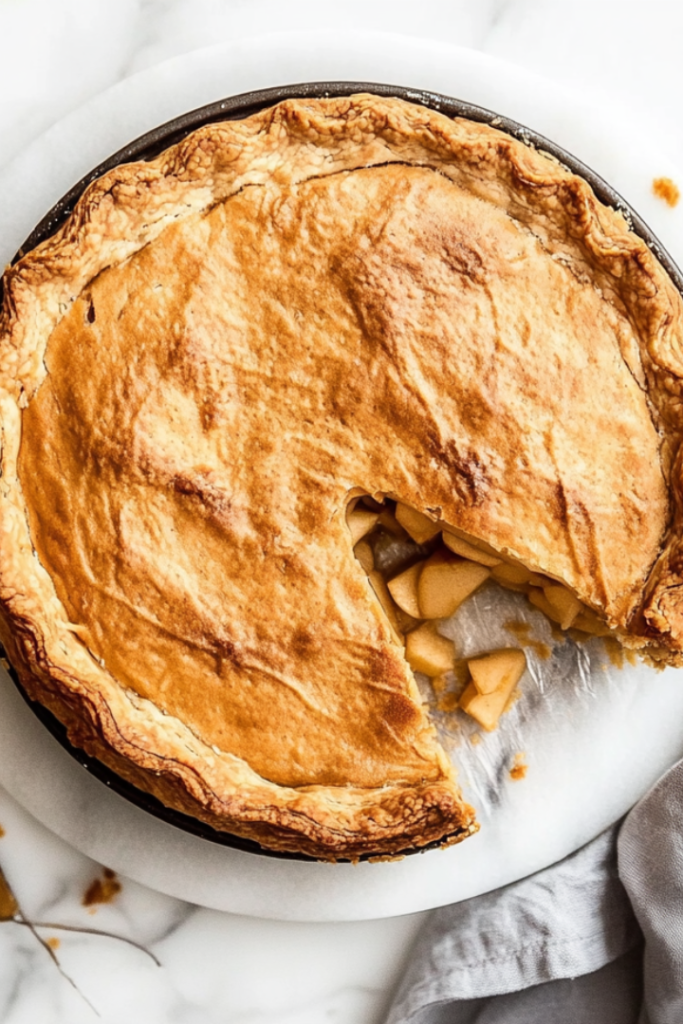 A freshly baked vegan treacle tart cooling on the white marble cooktop. A slice is gently cut out, showing the golden crust and slightly oozing apple filling.