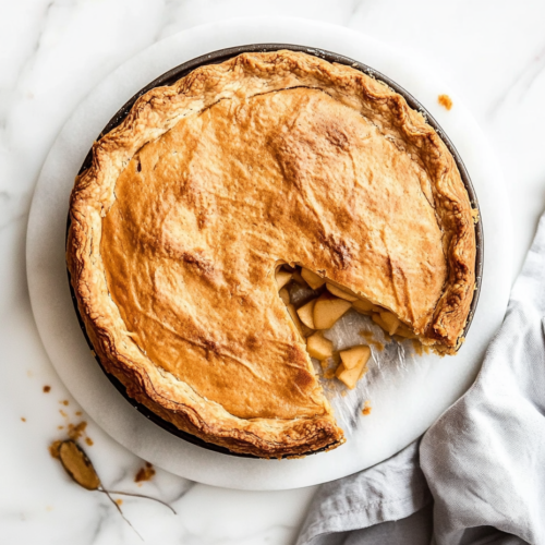 A freshly baked vegan treacle tart cooling on the white marble cooktop. A slice is gently cut out, showing the golden crust and slightly oozing apple filling.