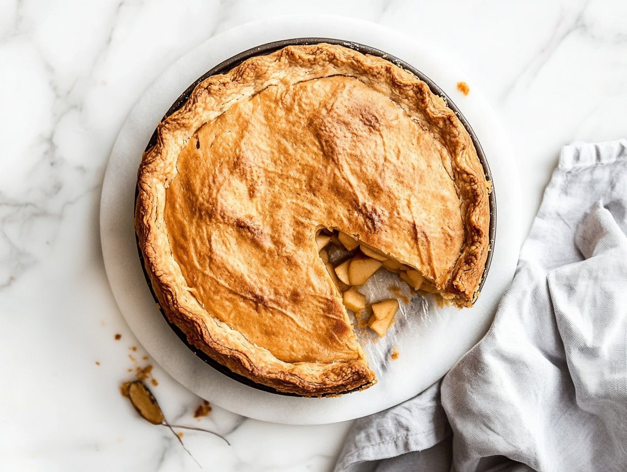 A freshly baked vegan treacle tart cooling on the white marble cooktop. A slice is gently cut out, showing the golden crust and slightly oozing apple filling.
