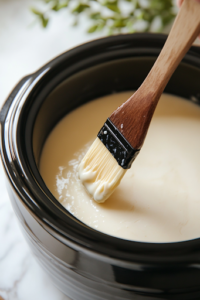 A slow cooker insert being lightly greased with butter using a pastry brush, set over a white marble cooktop. The surface glistens slightly as the butter spreads, ensuring a non-stick base for the dish.