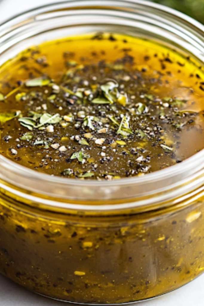 A close-up shot of a sealed airtight container filled with the freshly made keto Greek vinaigrette on the white marble cooktop. A sprinkle of dried oregano sits on top as a garnish, indicating its rich Mediterranean flavor, ready for storage and future use.