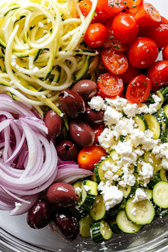 A close-up shot of a small bowl with a whisk stirring together red wine vinegar, olive oil, salt, pepper, oregano, and crushed garlic, set on the white marble cooktop, creating a flavorful dressing ready to drizzle over the salad.