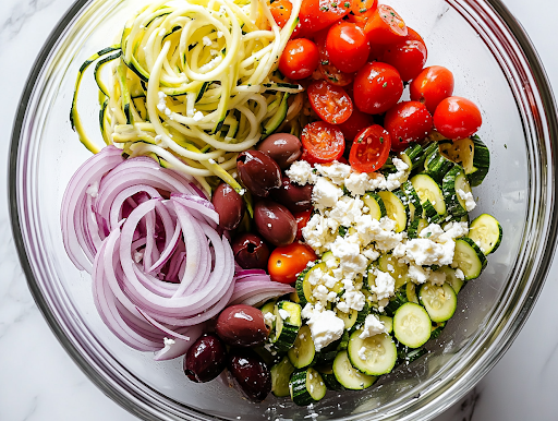 A close-up shot of a small bowl with a whisk stirring together red wine vinegar, olive oil, salt, pepper, oregano, and crushed garlic, set on the white marble cooktop, creating a flavorful dressing ready to drizzle over the salad.