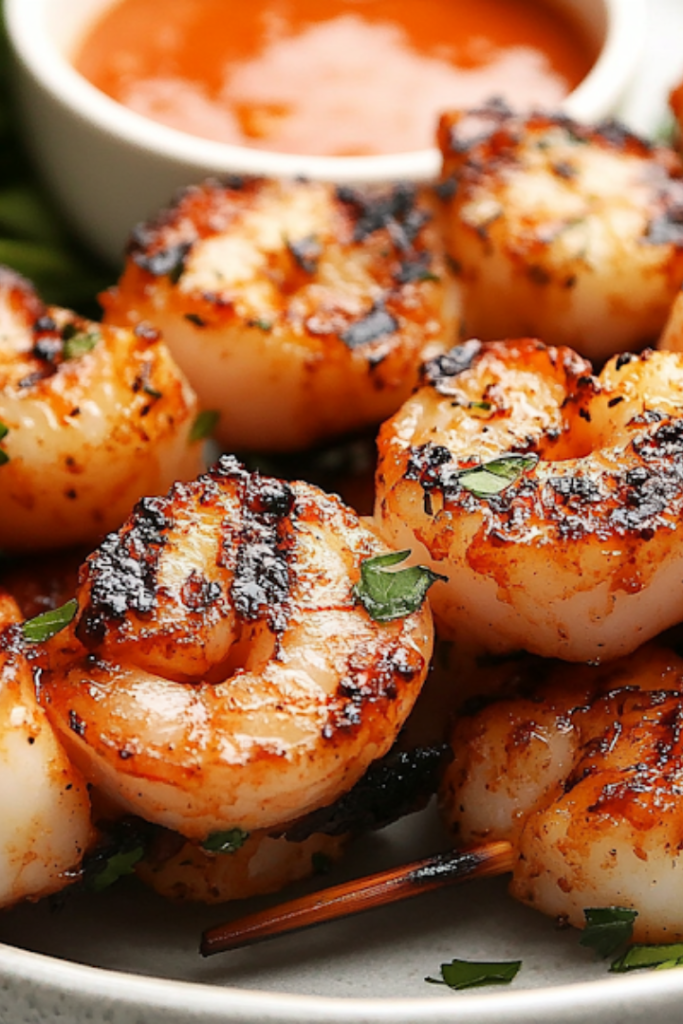 Freshly grilled shrimp and scallop kabobs resting on a plate, garnished with fresh herbs and served with a side of dipping sauce. The kabobs are hot, flavorful, and ready to be enjoyed.